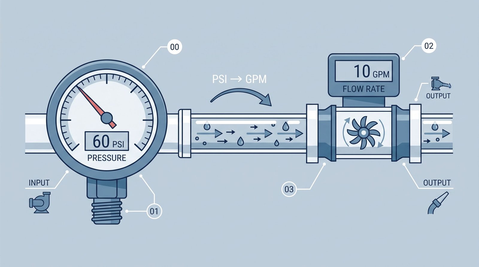 Diagram showing PSI pressure gauge connected to GPM flow meter illustrating water pressure to flow rate conversion